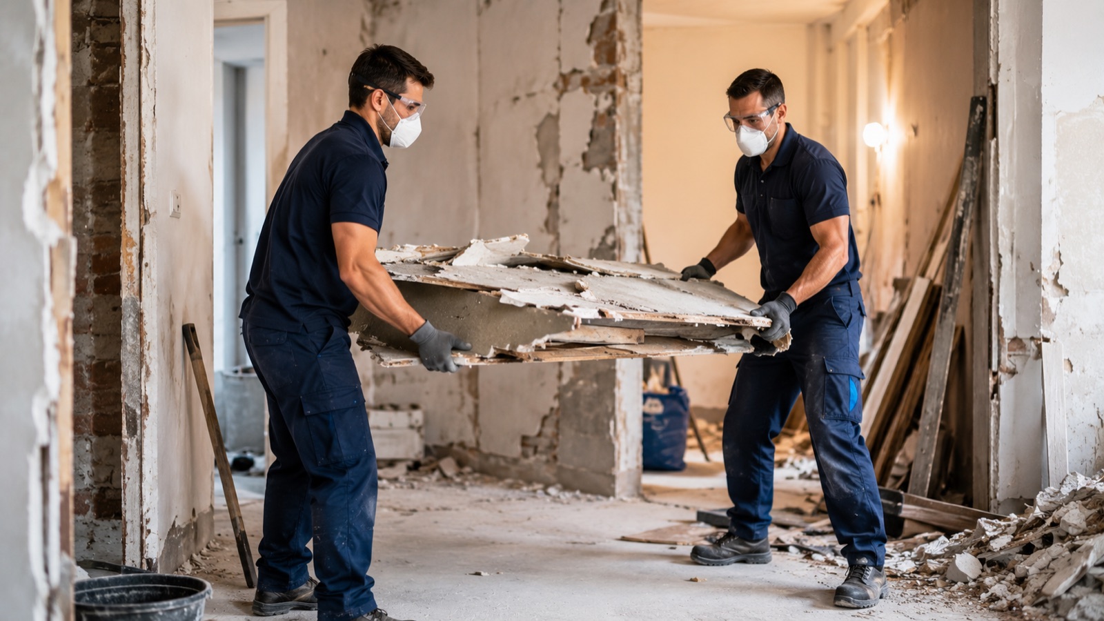 KI-generiertes Symbolbild: Arbeiter tragen alte Einbauten aus einer Wohnung im Rückbau