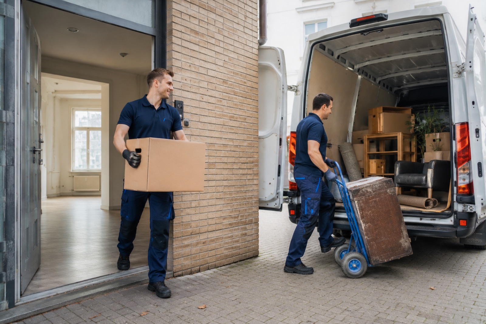 Entrümpelung: Mitarbeiter tragen Möbel zu einem Transporter