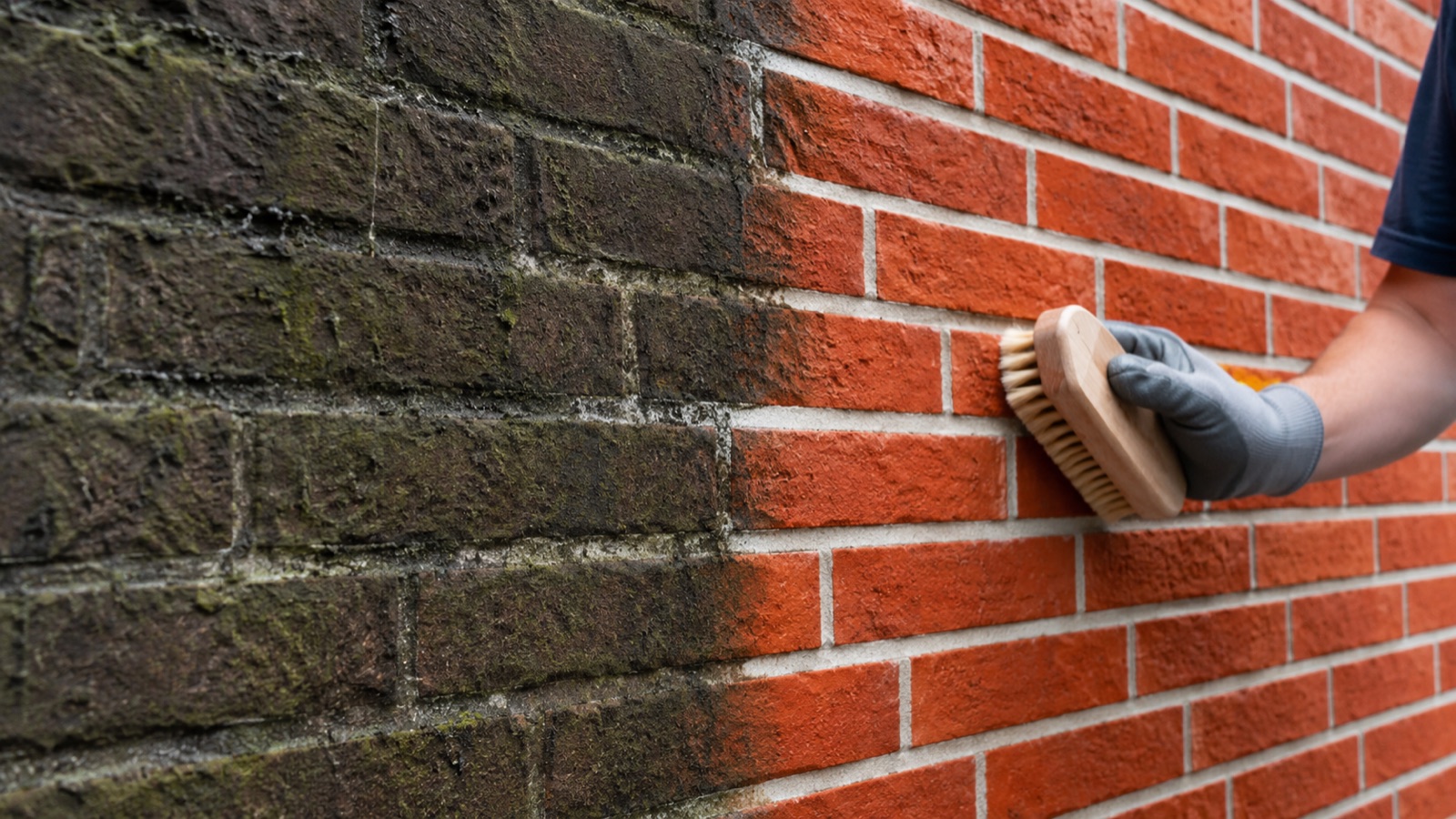 KI-generiertes Symbolbild: Klinkerfassade im Vorher-Nachher-Kontrast, frisch gereinigt