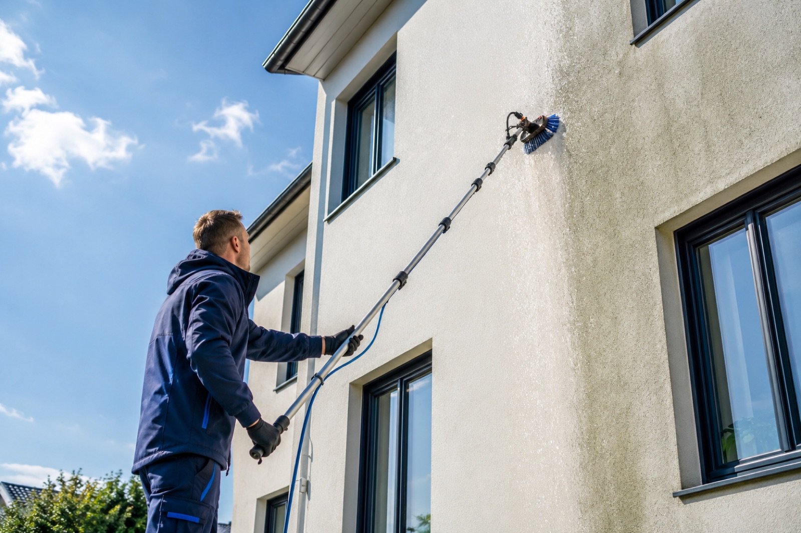 Reiniger reinigt die helle Fassade eines Mehrfamilienhauses
