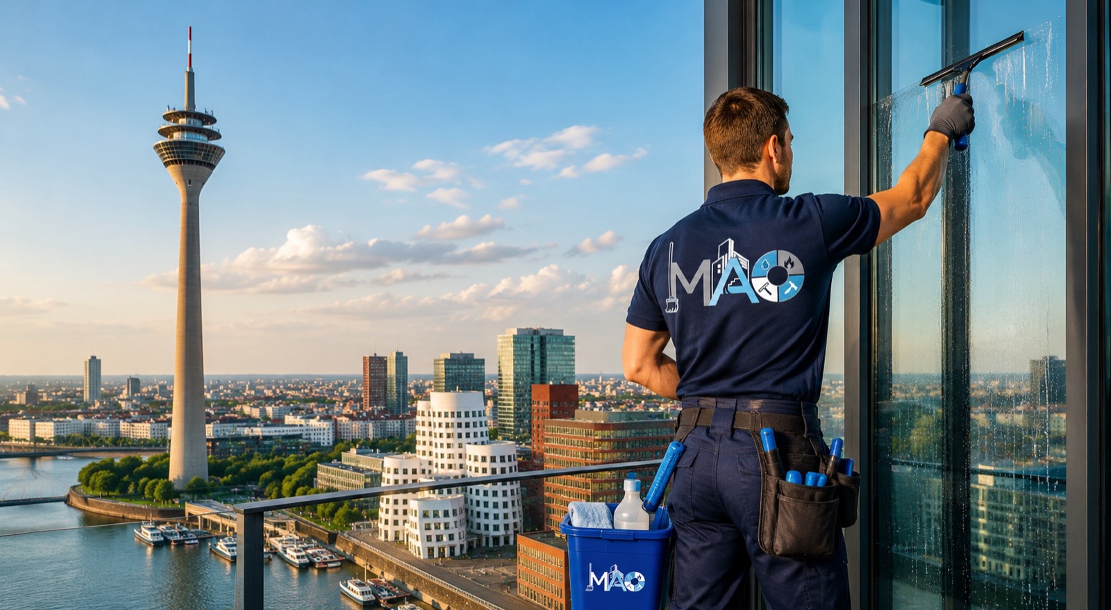 KI-generiertes Symbolbild: Mitarbeiter bei der Fensterreinigung an einem Hochhaus mit Blick auf die Düsseldorfer Skyline, Rheinturm und Medienhafen
