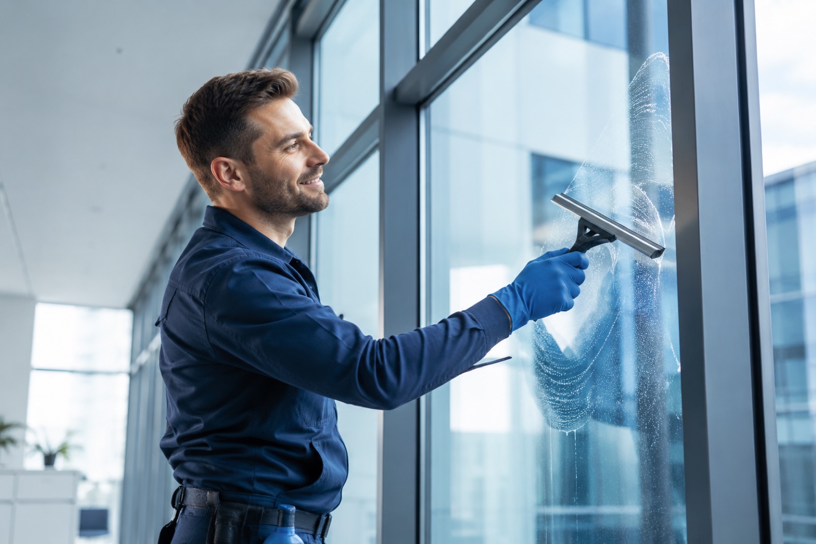 Gebäudereiniger reinigt eine große Glasfassade in einem hellen Büro