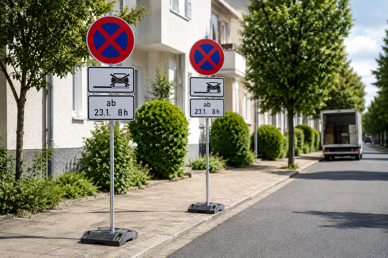 Aufgebaute Halteverbotsschilder am Straßenrand vor Wohnhäusern