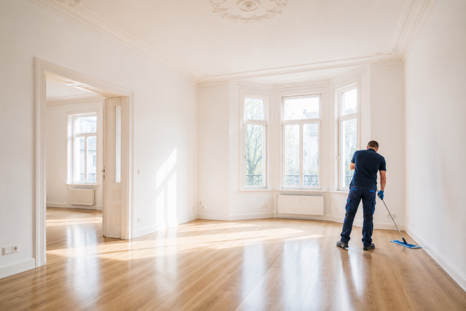 Frisch gereinigte, leere helle Wohnung mit glänzendem Boden
