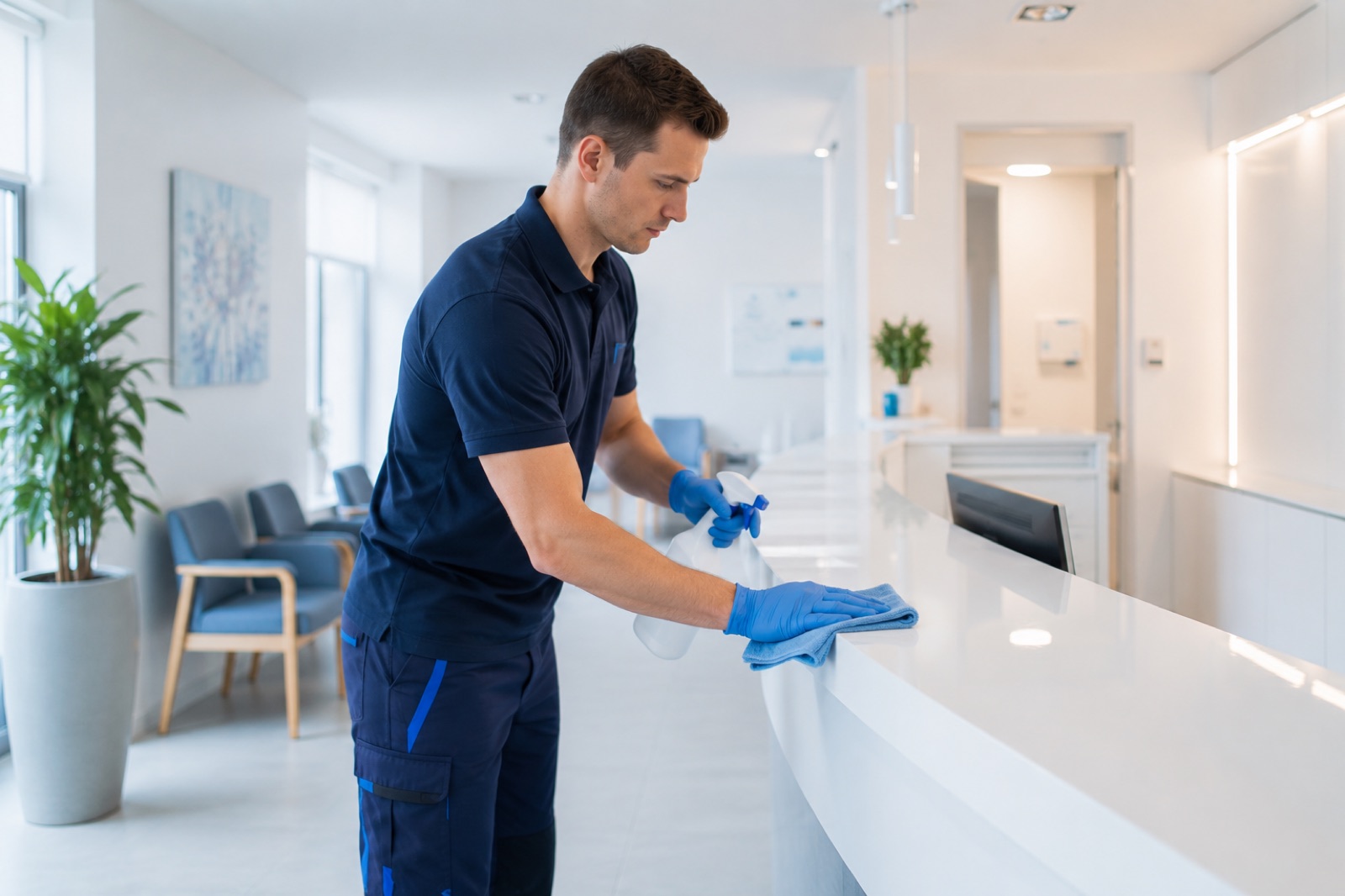 Hygienische Reinigung in einer hellen, modernen Arztpraxis