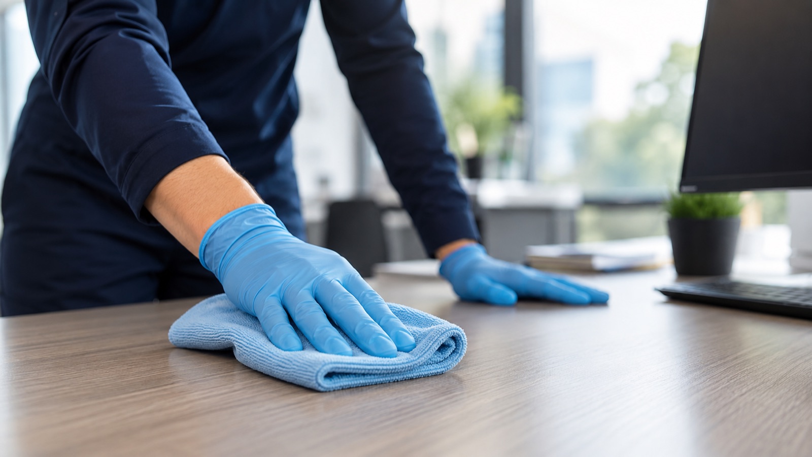 KI-generiertes Symbolbild: Hände in Handschuhen wischen einen Schreibtisch in einem hellen Büro