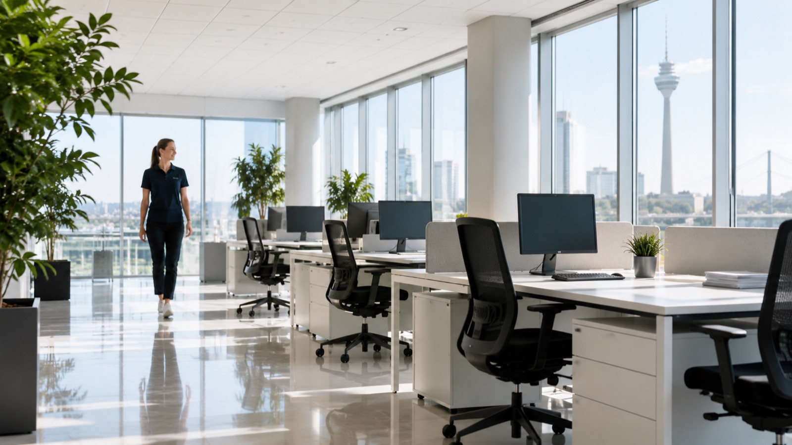 KI-generiertes Symbolbild: Frisch gereinigtes, leeres modernes Büro – gepflegter Gesamteindruck